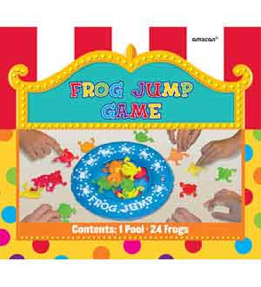 Colorful Frog Jump board game box with a blue circular game board, yellow frogs, and red plastic frogs on a yellow polka dot