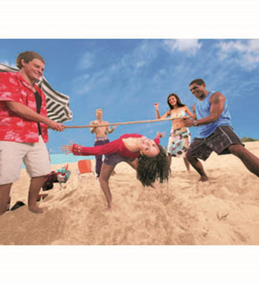 Black and red lightweight limbo pole held by two men on a sandy beach under blue sky.