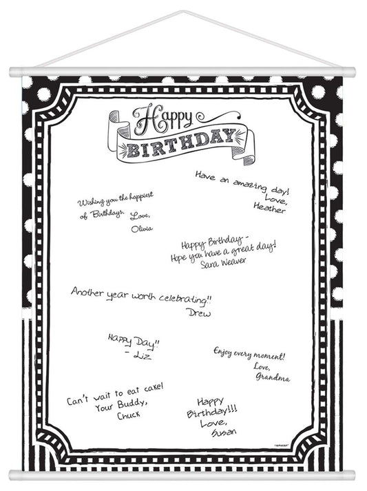 Black and white scroll sign with "Happy Birthday" banner and decorative border for personalized messages.