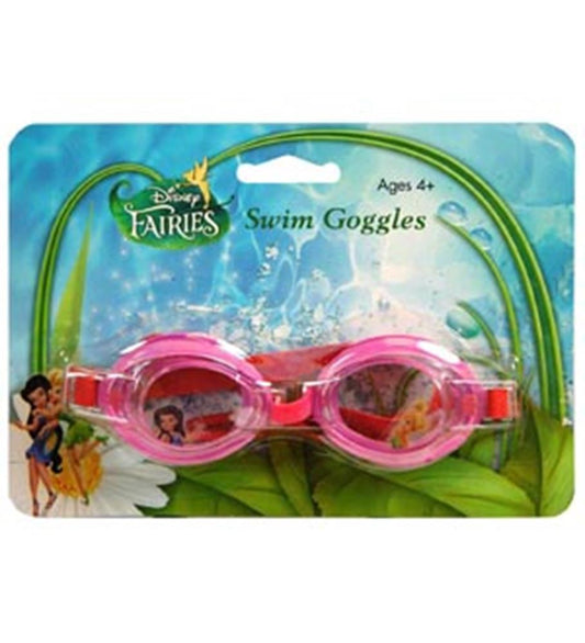Pink swimming goggles with clear lenses featuring Tinkerbell design, adjustable strap, kid-sized.