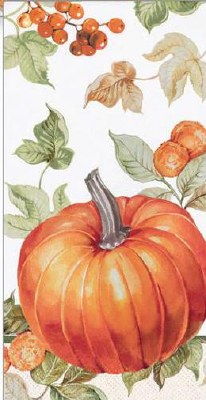 White guest towel with orange pumpkin, green leaves, red berries, and autumn foliage design.