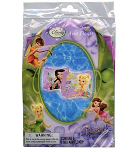 Blue inflatable arm floaties with Tinkerbell and fairy designs, packaged in clear plastic with green and purple background.