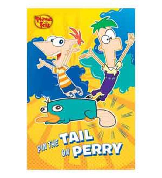 Bright yellow and blue board game featuring cartoon characters Phineas, Ferb, and Perry the Platypus with text "Pin the Tail