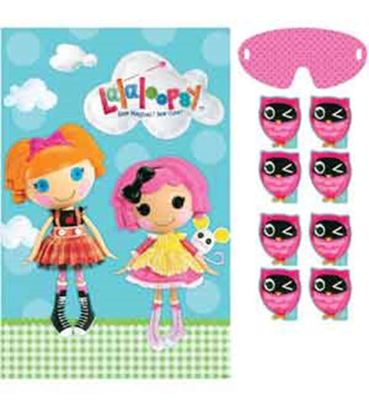 Lalaloopsy Party Game with colorful box featuring two dolls and eight pink cat-eye masks for kids' birthday fun.