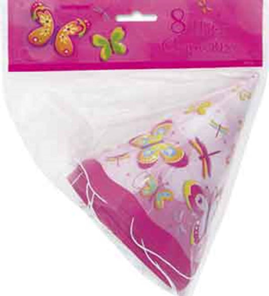 Colorful cone-shaped party hats with butterfly and dragonfly designs, pink trim, and white elastic chin straps, pack of.