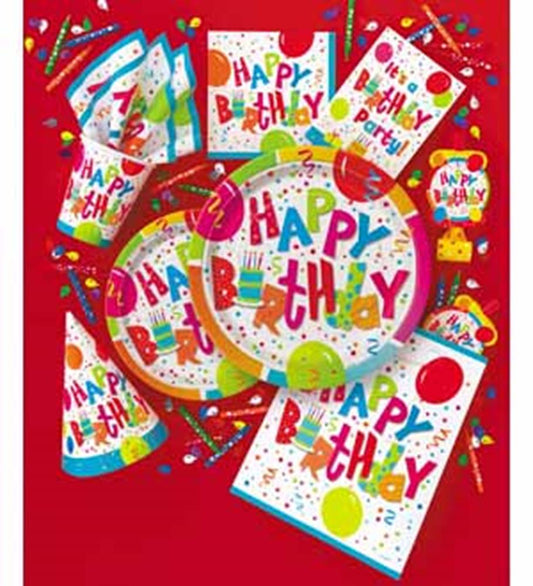 Colorful birthday-themed paper plates, napkins, and party hats decorated with balloons and confetti designs.