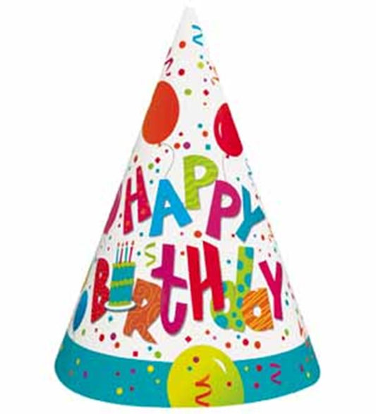Colorful cone-shaped birthday party hat with confetti, candles, and "Happy Birthday" text on white background.