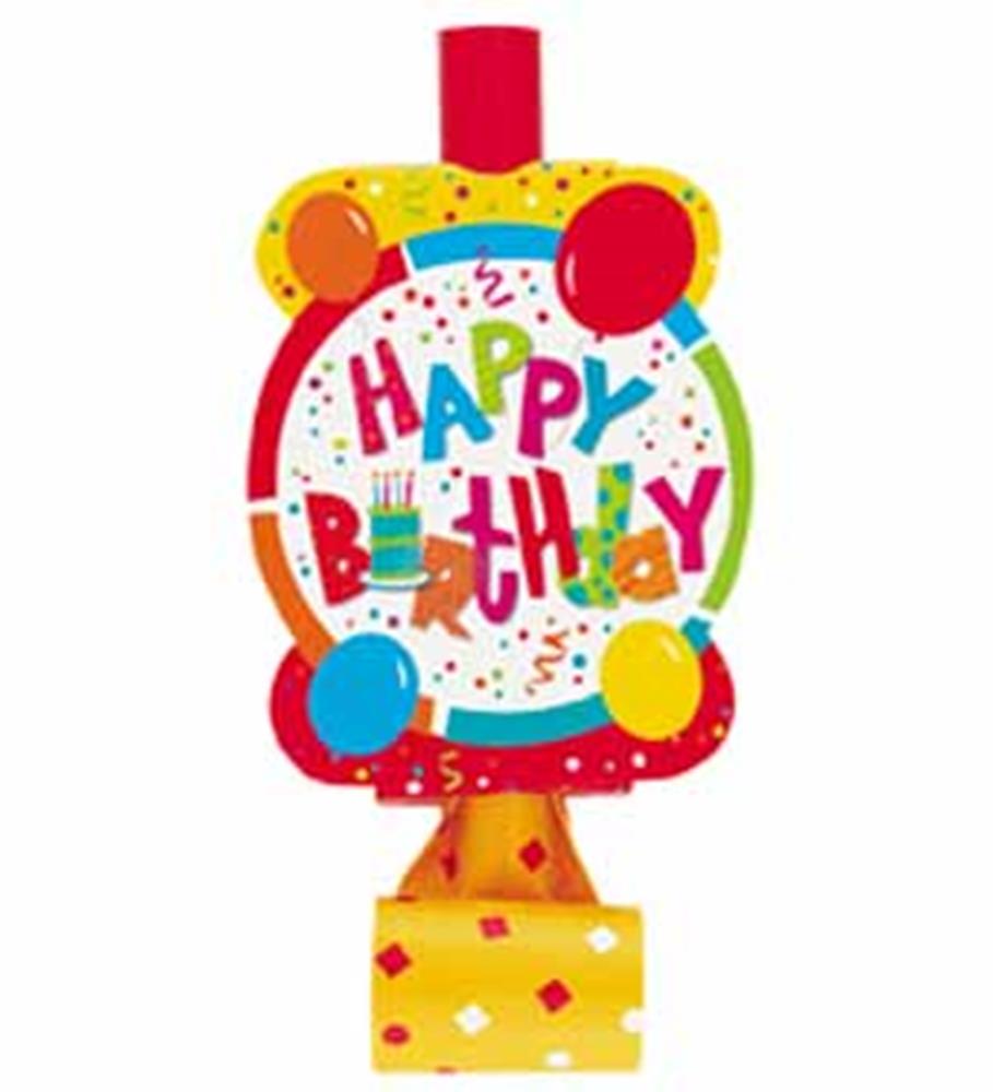 Colorful birthday party blowout with "Happy Birthday" text, confetti, and balloon designs.