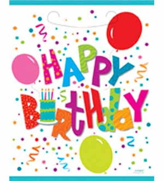 Colorful birthday loot bag with "Happy Birthday" text, balloons, confetti, and cake illustration.