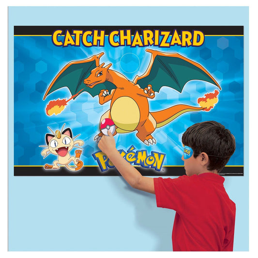Large rectangular blue party game banner featuring Charizard and Meowth with bold "Catch Charizard" text at top.