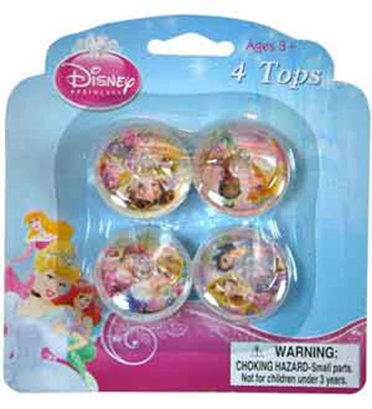 Set of four clear plastic spinning tops featuring colorful Disney princess designs inside.