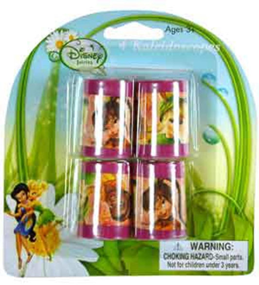 Set of four small cylindrical mini kaleidoscopes with purple caps featuring Tinkerbell and Disney character designs on clear