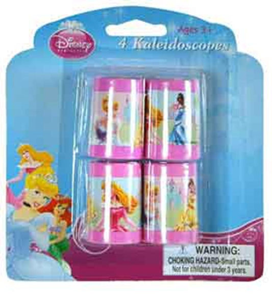 Set of four pink mini kaleidoscopes featuring Disney princesses with cylindrical plastic bodies.