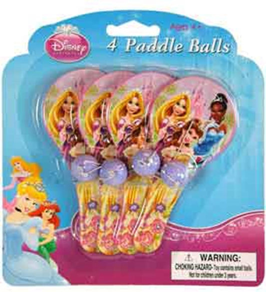 Set of four colorful mini paddle ball games featuring Disney princesses with purple paddles and yellow handles.