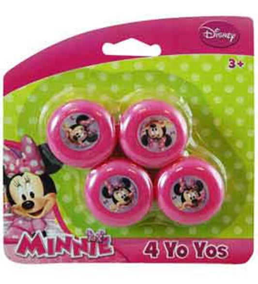 Set of four pink plastic yo-yos featuring Minnie Mouse faces on each side, packaged in a green polka dot card with Disney.