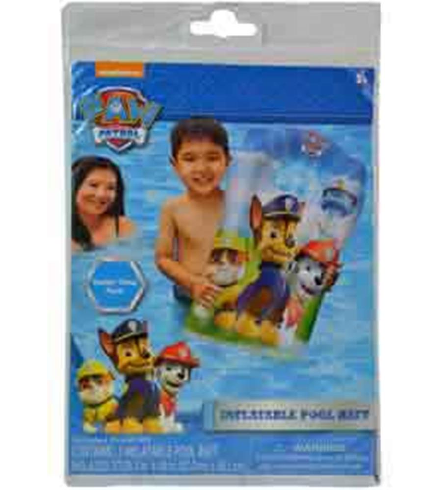 Inflatable blue pool raft featuring Paw Patrol characters in cartoon style, 18x27.5 inches.