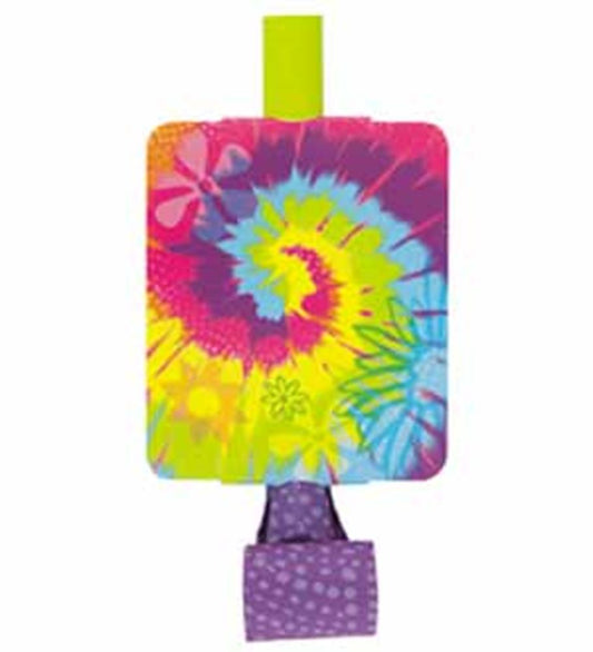 Colorful tie-dye swirl party blowout with neon green mouthpiece and purple patterned paper roll.