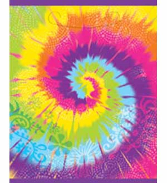 Colorful tie-dye swirl loot bag with bright yellow, pink, blue, and green hues, featuring a bold spiral pattern.
