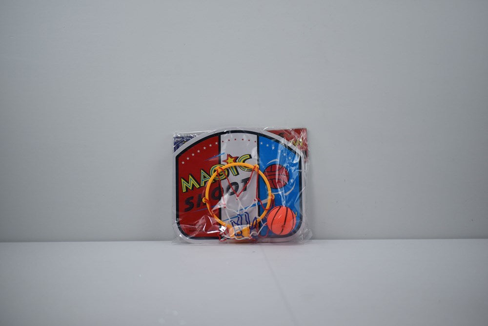 Mini basketball board play set with colorful backboard, hoop, and small basketball against white background.