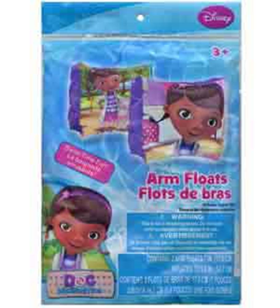 Blue inflatable arm floaties featuring Doc McStuffins cartoon character and colorful playful designs.