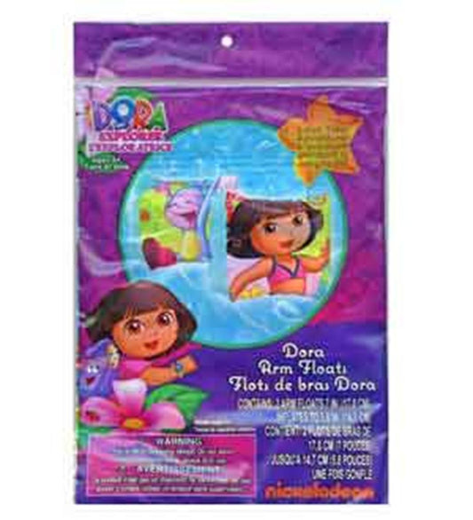 Light blue inflatable arm floaties featuring Dora the Explorer graphics and colorful packaging.