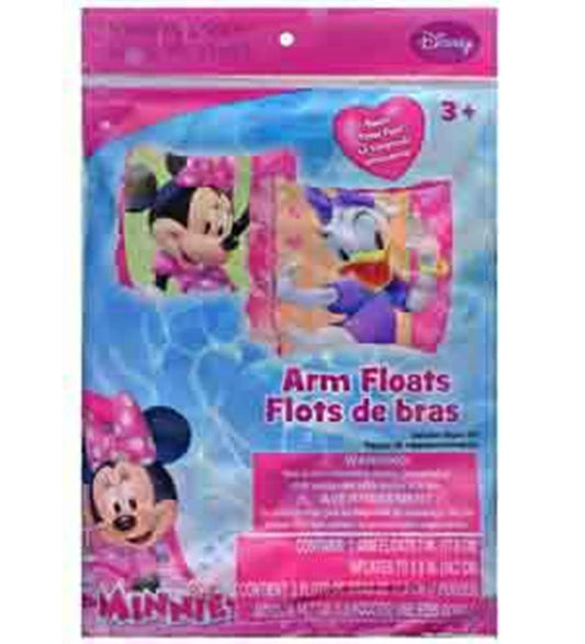 Pink inflatable arm floaties featuring Minnie Mouse and Daisy Duck with polka dot bow accents and Disney branding.