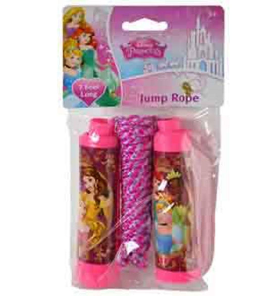 Pink braided jump rope with pink handles featuring Disney princesses and castle graphics on packaging.