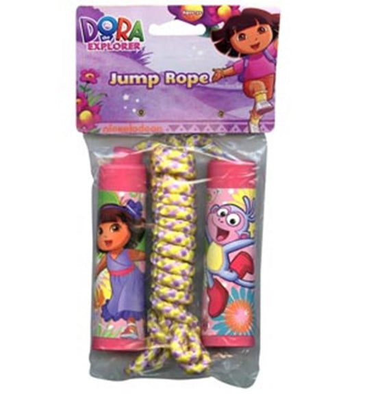 Children's jump rope with pink plastic handles featuring Dora the Explorer and Boots, and a yellow and white braided rope.