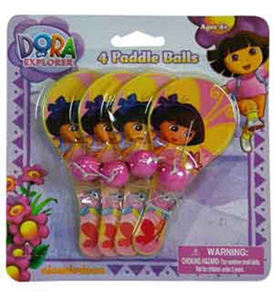 Set of four pink mini paddle ball toys featuring Dora the Explorer graphics on the paddles and balls in blister packaging.
