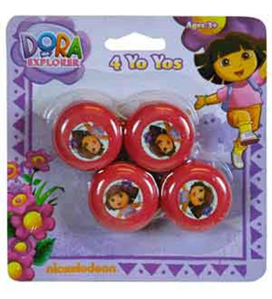 Set of four red plastic yo-yos featuring Dora the Explorer character decals on each side, packaged on a purple card.