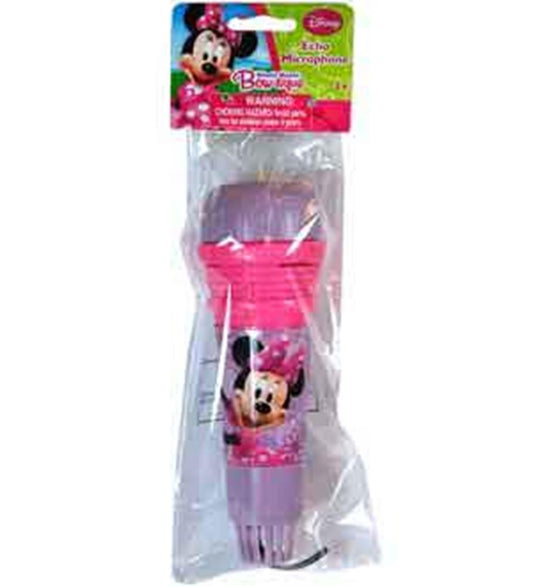 Pink toy microphone with Minnie Mouse graphic and purple top, packaged in clear plastic.