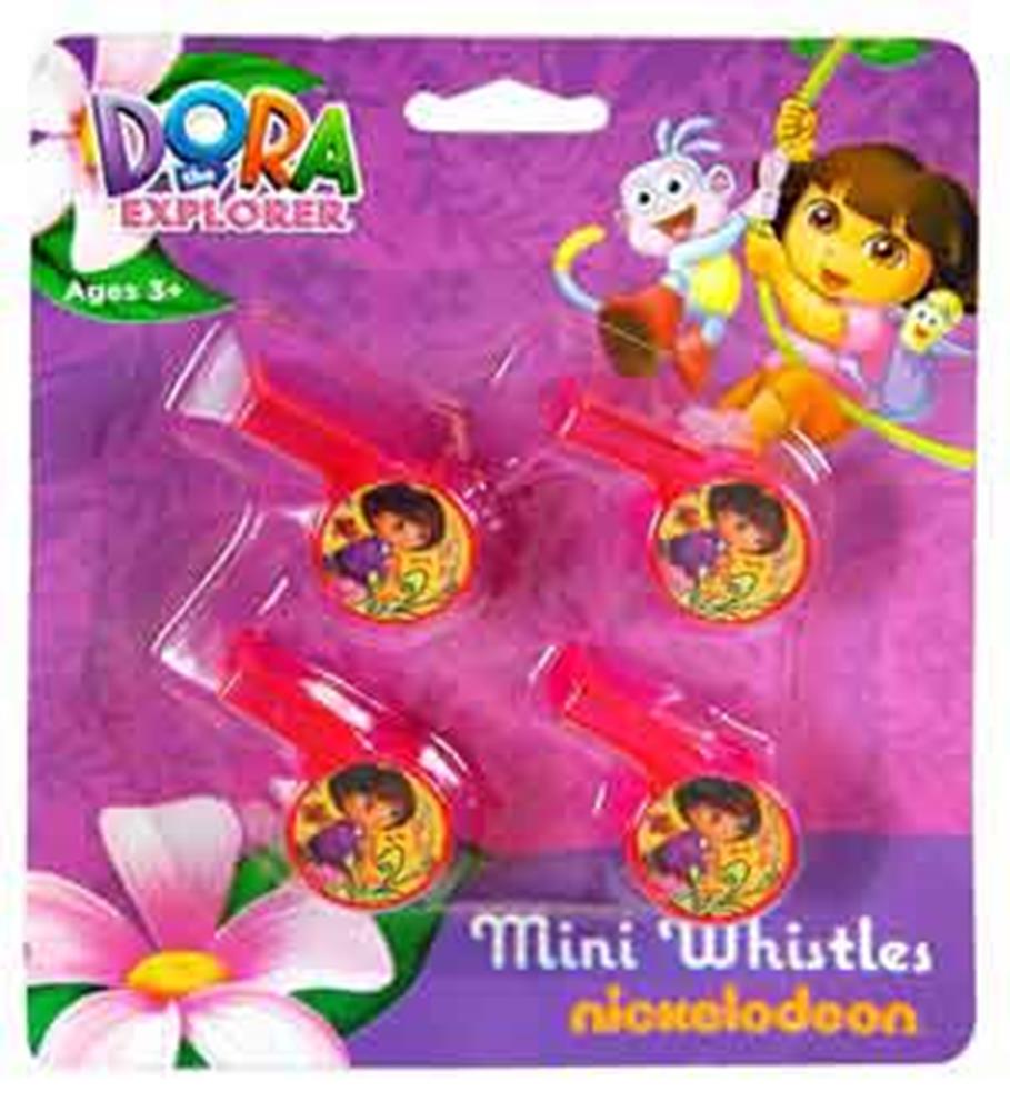 Set of four red plastic mini whistles featuring Dora the Explorer character stickers on each side, packaged on a pink.