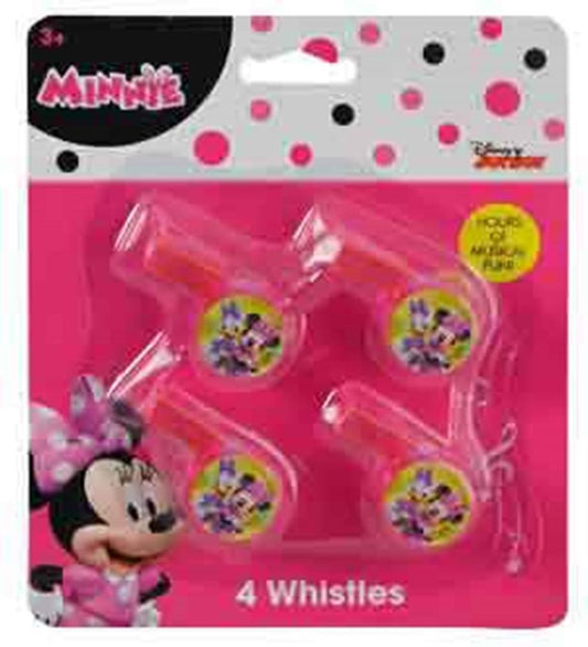 Set of four pink plastic mini whistles featuring round Minnie Mouse stickers and matching pink lanyards on polka dot card.