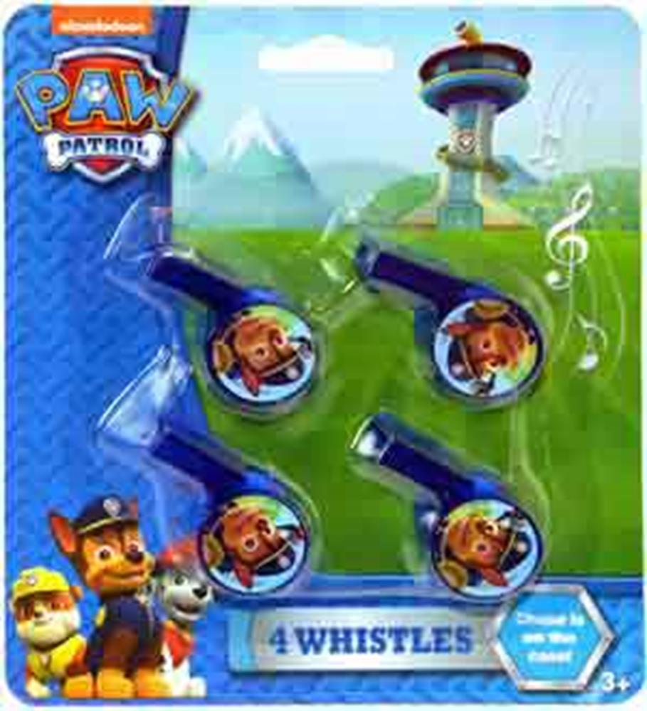 Set of four blue plastic mini whistles featuring Paw Patrol character faces on the mouthpiece, packaged on colorful branded.