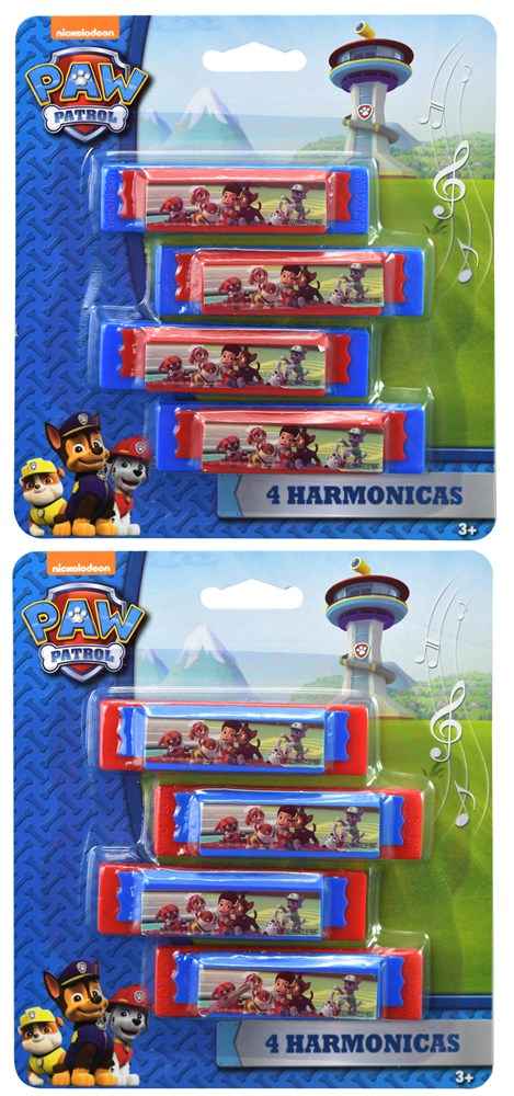 Four colorful plastic mini harmonicas featuring Paw Patrol characters, each with red, blue, and yellow detailing, packaged.