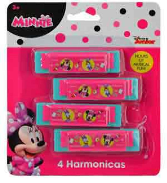 Set of four small pink harmonicas with turquoise edges featuring Minnie Mouse illustrations on each, packaged on a pink and.