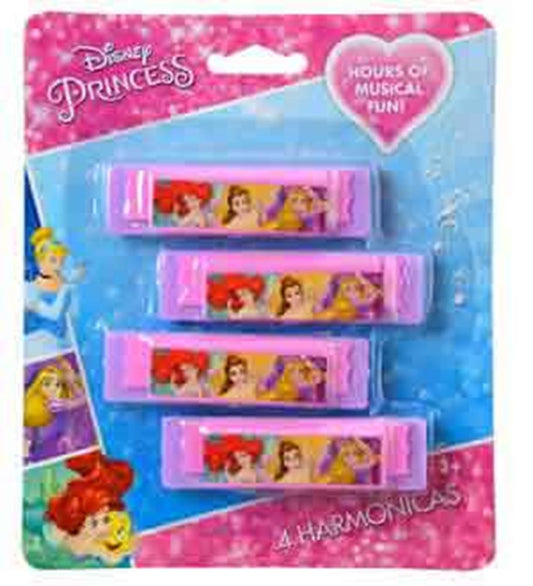 Set of four pink plastic harmonicas featuring Disney Princesses Ariel, Belle, and Aurora on each side, packaged on a themed.