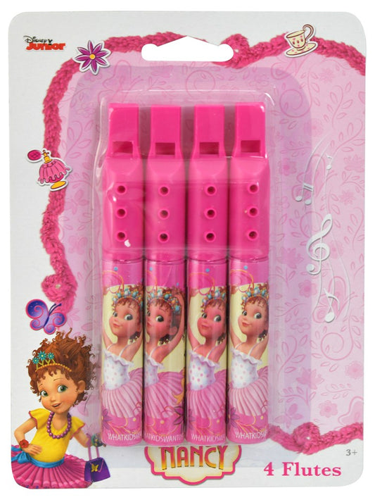 Set of four pink mini plastic flutes featuring Fancy Nancy character illustrations and decorative musical notes on packaging.