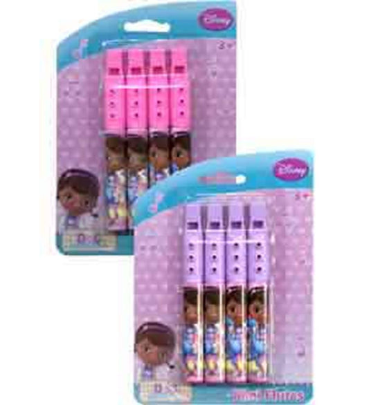 Four pink and purple plastic mini flutes featuring Doc McStuffins design in clear blister packaging.