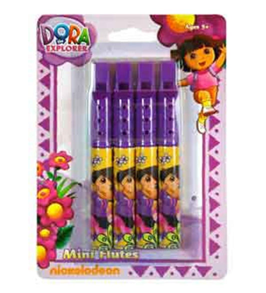 Set of four purple plastic mini flutes featuring Dora the Explorer character design in colorful packaging with floral.