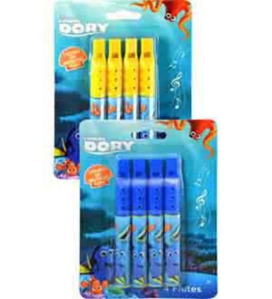 Four-pack of Disney Finding Dory mini plastic flutes in yellow and blue with themed packaging.
