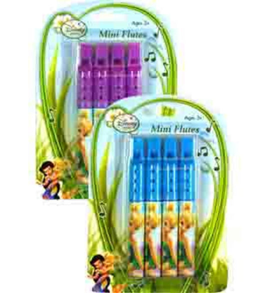 Set of four mini plastic flutes in purple and blue with Tinkerbell fairy designs on packaging.