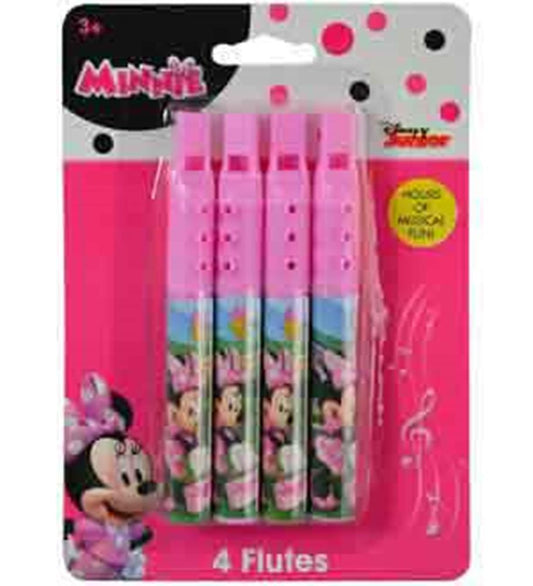 Set of four pink plastic mini flutes featuring Minnie Mouse designs on the body.