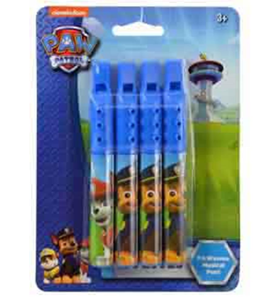 Set of four blue plastic mini flutes featuring Paw Patrol character prints on each flute.