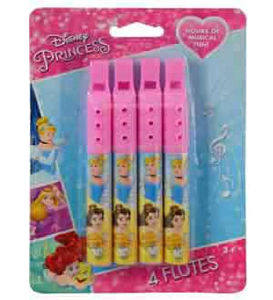 Set of four pink plastic mini flutes with Disney Princesses designs on each, packaged on a pink card backing.