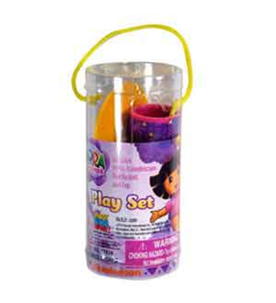 Transparent cylindrical container holding a colorful paddle ball set with a yellow handle and Dora the Explorer design on.