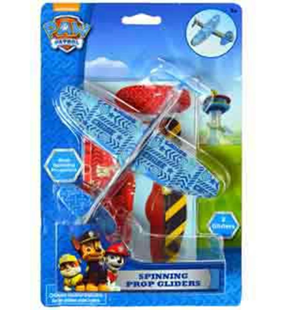 Two colorful foam propeller gliders featuring blue and red Paw Patrol designs, packaged in a clear blister pack.