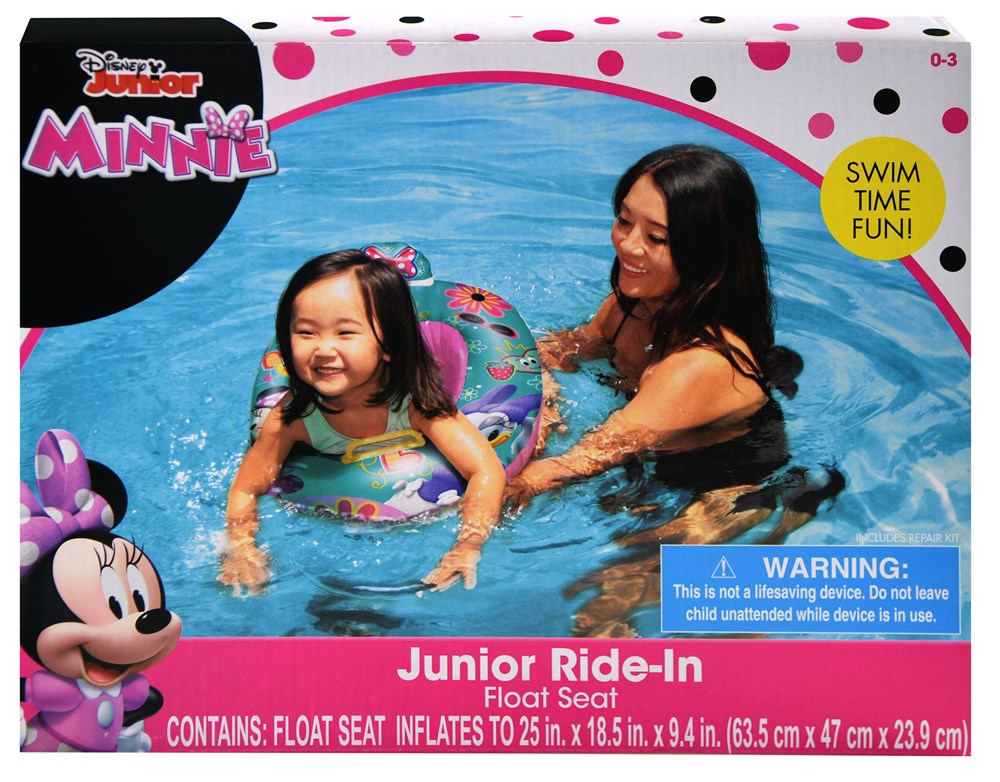 Pink and white Minnie Mouse junior ride-on float with polka dots and a purple bow seat, shown with child and adult in pool.