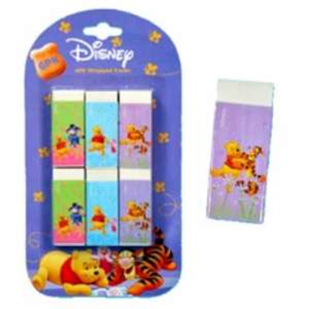 Set of six rectangular erasers featuring colorful Winnie the Pooh and friends illustrations on a purple backing card.