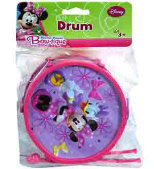 Pink round drum with Minnie Mouse and colorful bows design, includes red drumsticks.